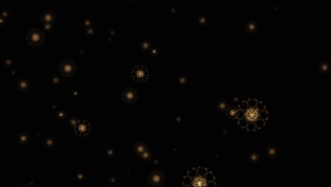 4k looping falling down glow gold digital snowflake on black background animation. animación de copos de nieve dorados con bokeh borroso para la nieve de invierno, navidad y año nuevo. fondo de nieve