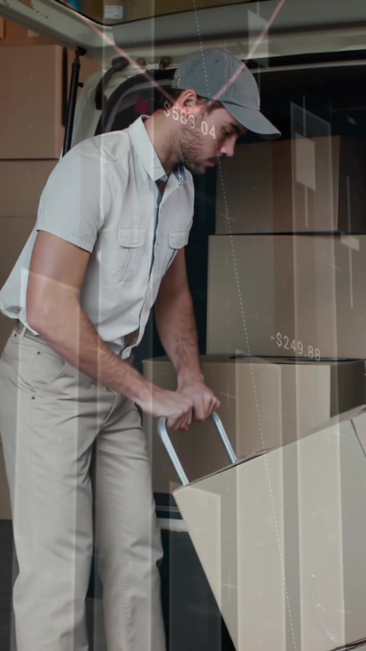 Animation of statistics processing over delivery man with cardboard boxes