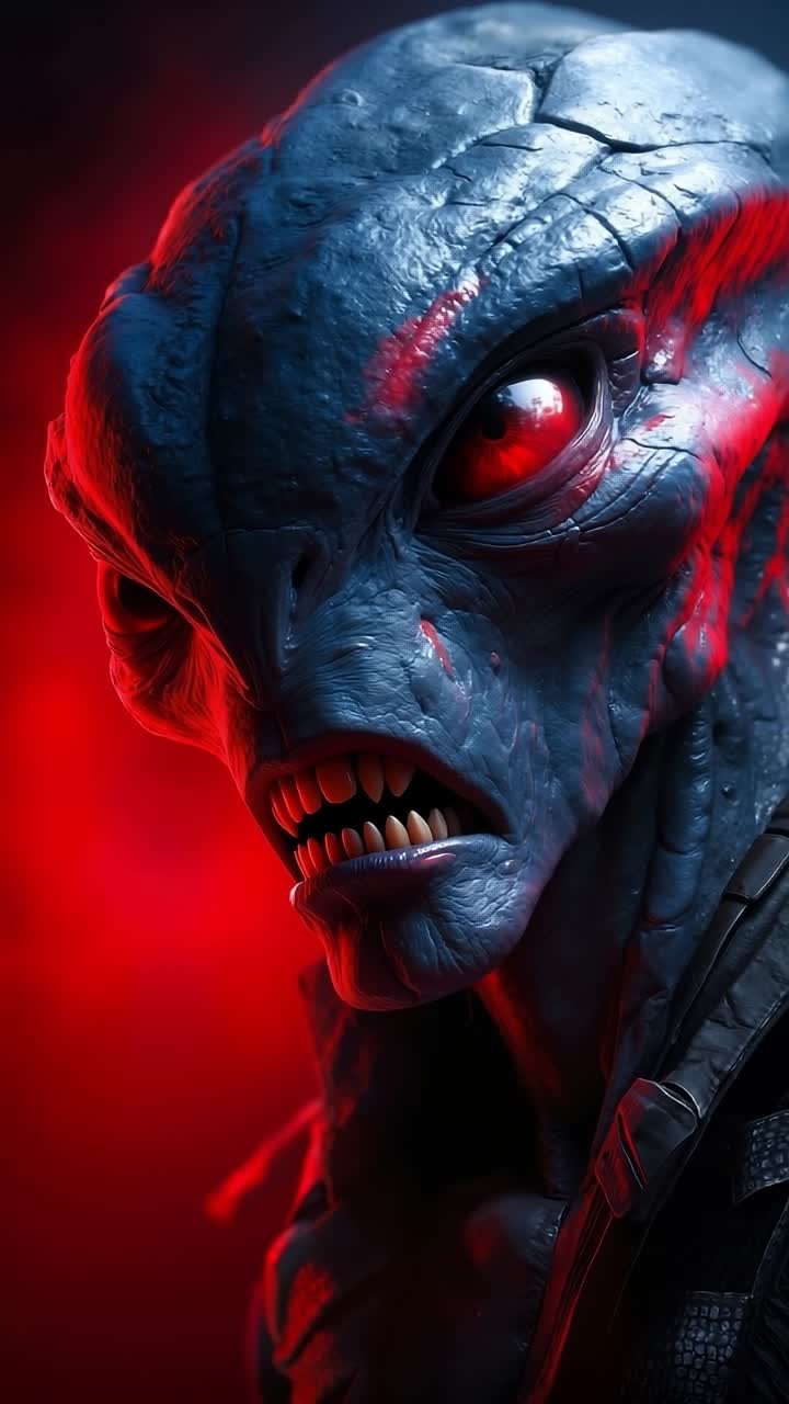 A close up of a person with red eyes and a black jacket