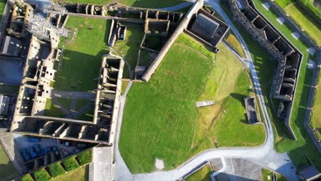 Aerial-top-down-of-Irish-Charles-Fort-and-the-interior-of-buildings-ruins