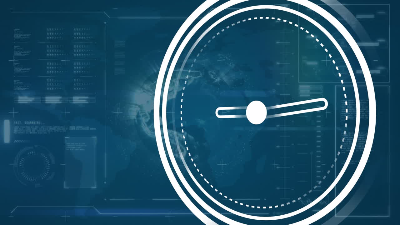 Animation of ticking clock over interface with globe and data processing against blue background