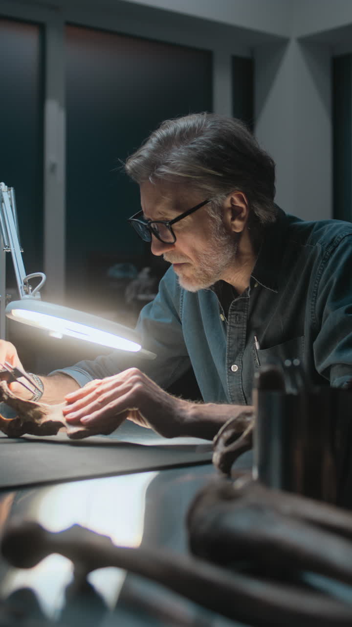 paleontologo che esamina un fossile