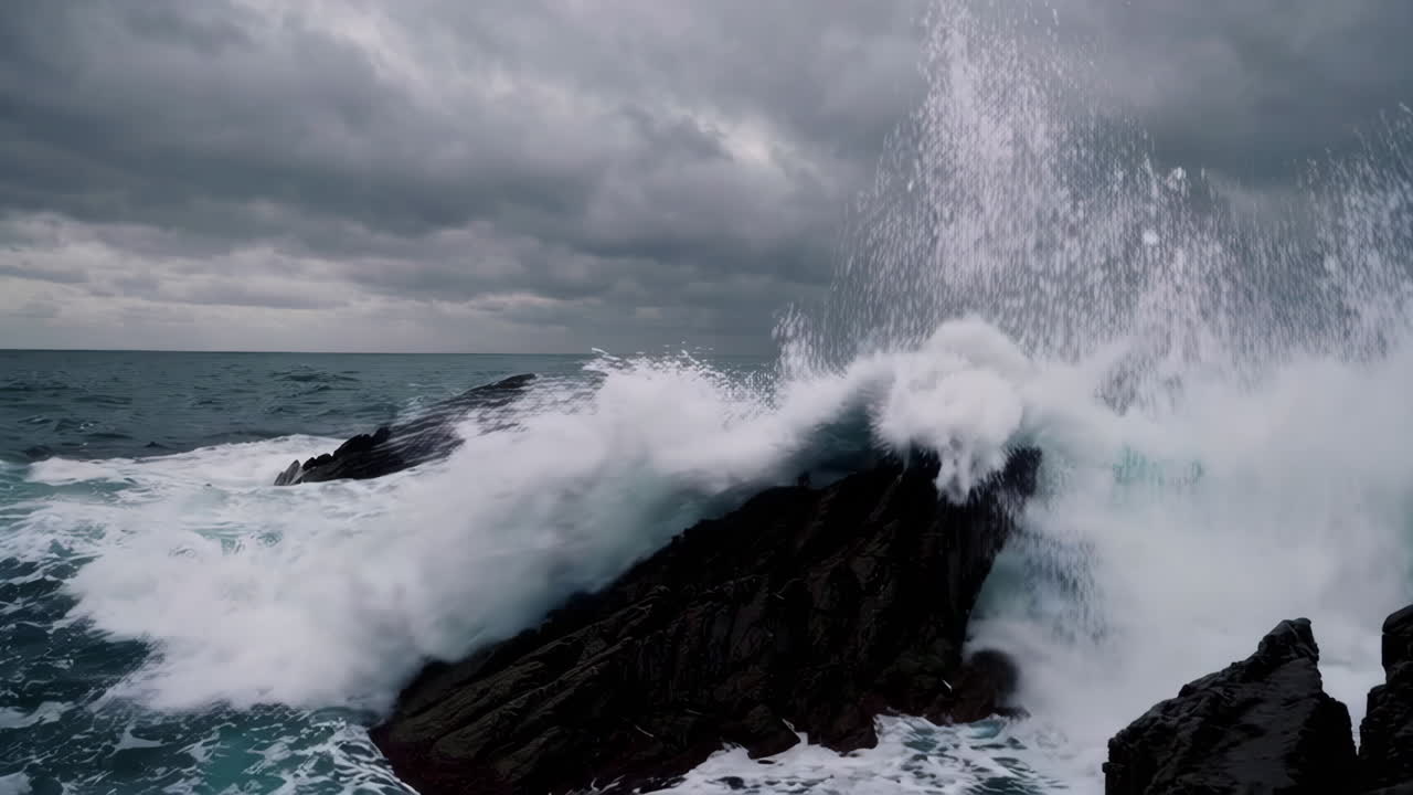 Powerful Waves Crashing on Rocky Coastline During a Storm