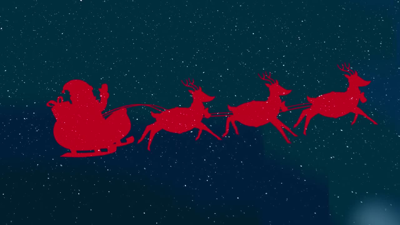 nieve cayendo sobre santa claus en trineo siendo tirado por renos contra un fondo azul