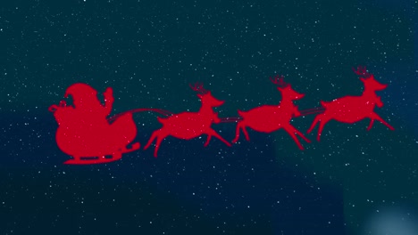 Snow-falling-over-santa-claus-in-sleigh-being-pulled-by-reindeers-against-blue-background