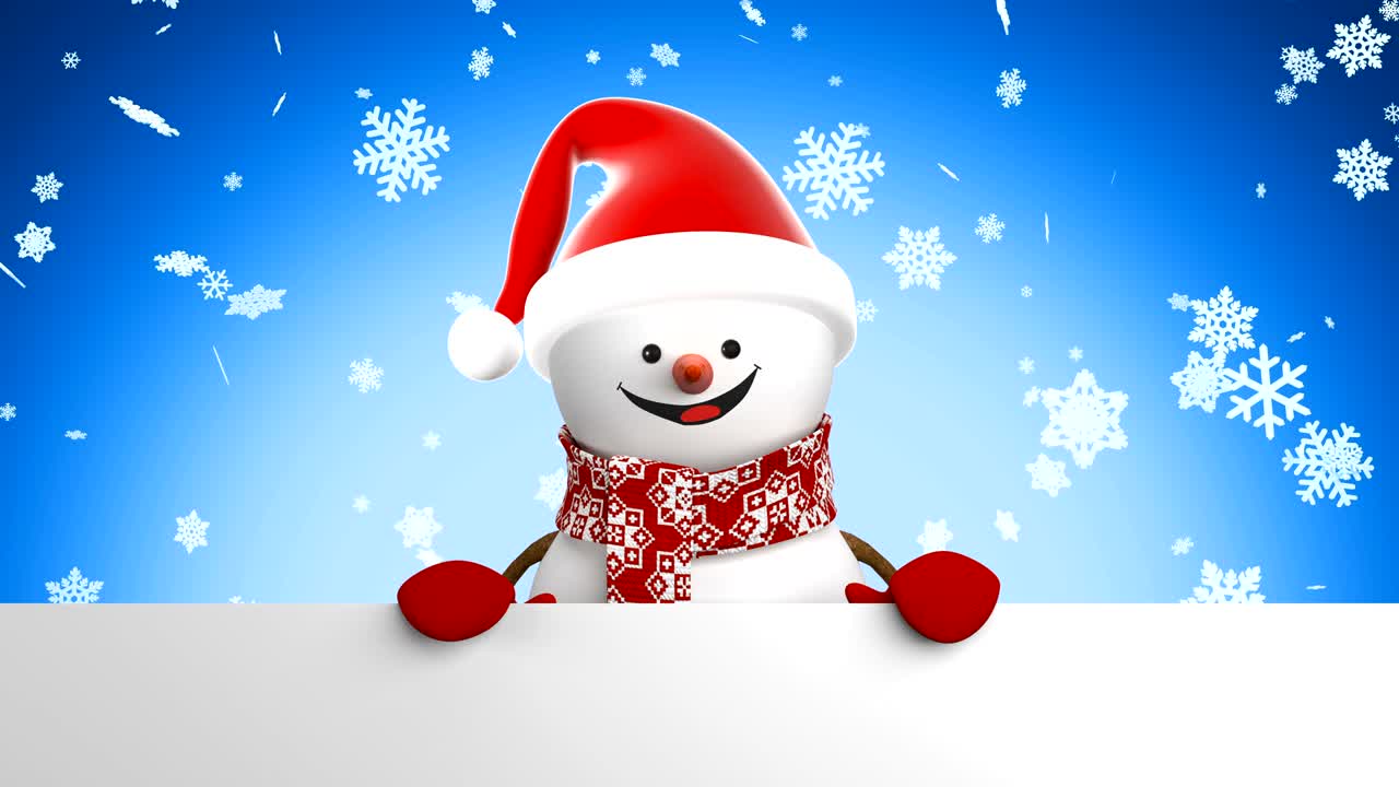 산타 모자를 입은 귀여운 스노우맨 손과 미소 짓는 눈보라 배경 아름다운 3d 만화 애니메이션 녹색 스크린 알파 마스크 애니메이션 축하 카드 크리스마스 콘셉트