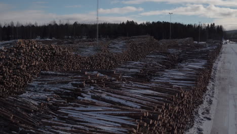 Filmische-Luftaufnahme-Von-Gestapeltem-Holz-Im-Schnee