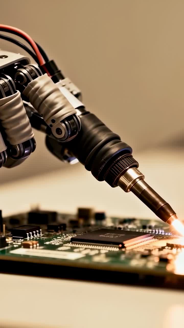 Vertical video: Starting cycle, robotic arm lowering soldering tip onto PCB on bench, forming joint