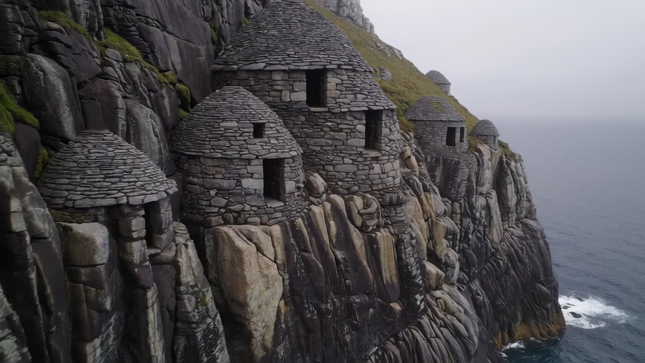 Ancient Beehive Huts on Skellig Michael Cliffs