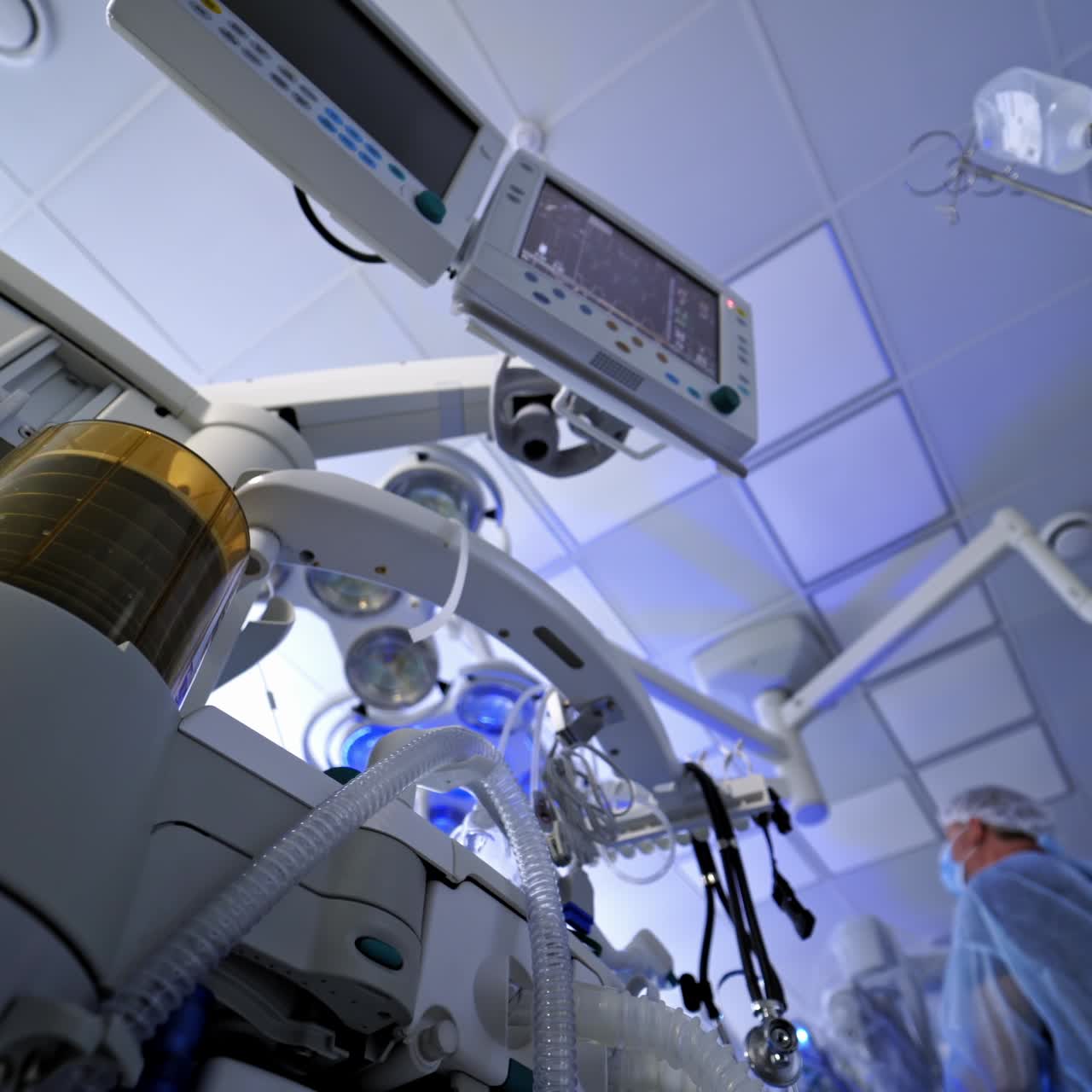 Mechanical ventilation equipment. Pneumonia diagnosing. Ventilation of the lungs with oxygen. COVID-19 and coronavirus identification. Pandemic.