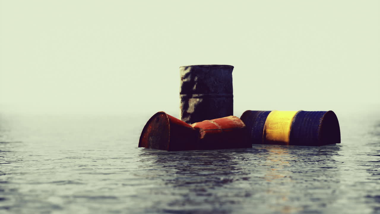 Floating barrels drift peacefully on calm water surface at twilight