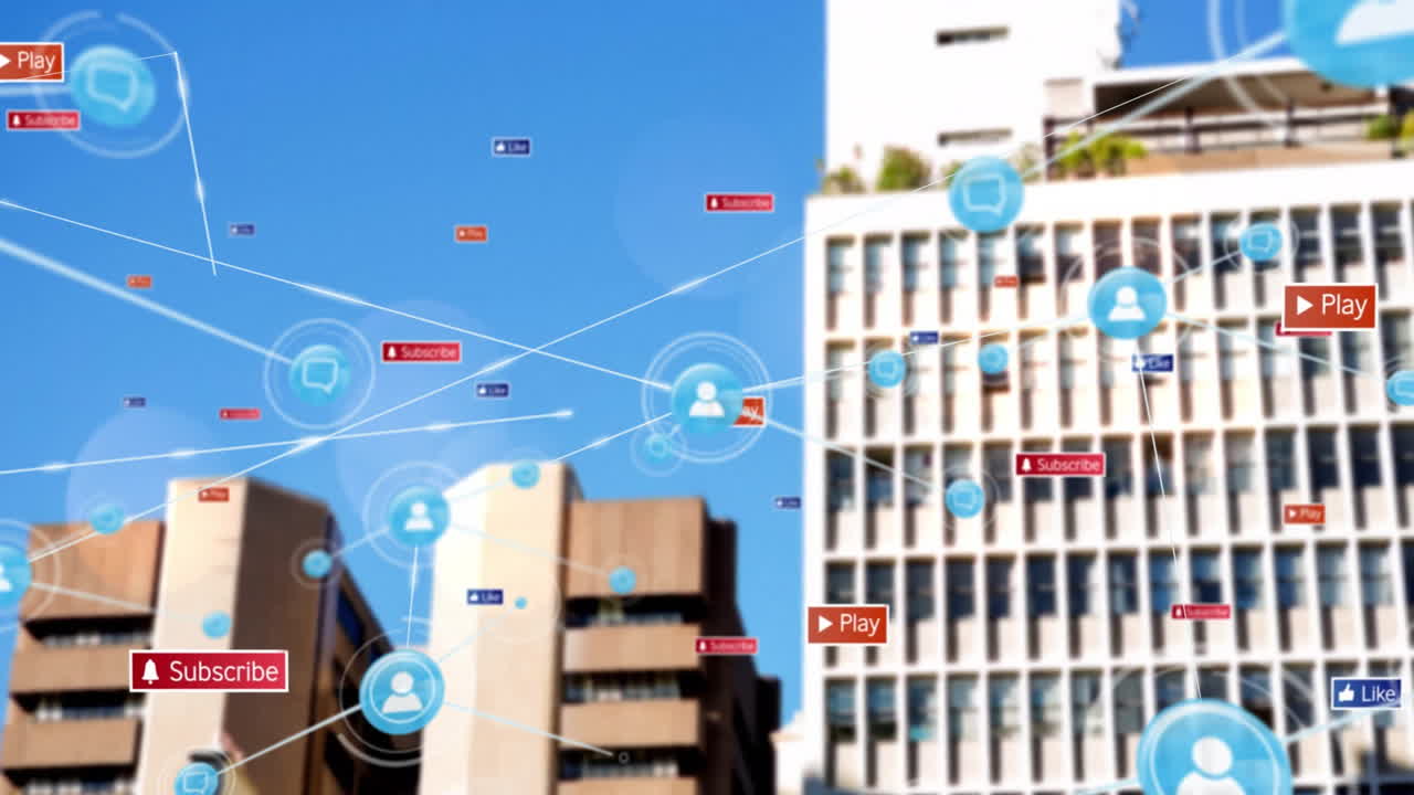 Social media interaction icons animation over urban buildings and blue sky