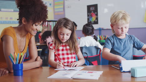 elementary school teacher giving female pupil one to one support in classroom