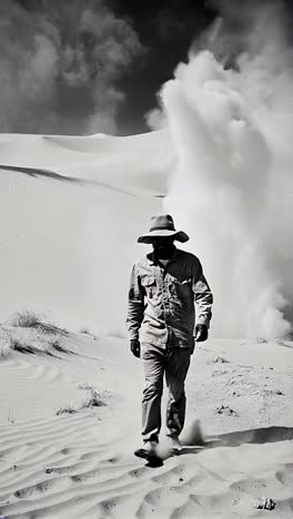 man walking through sand dunes