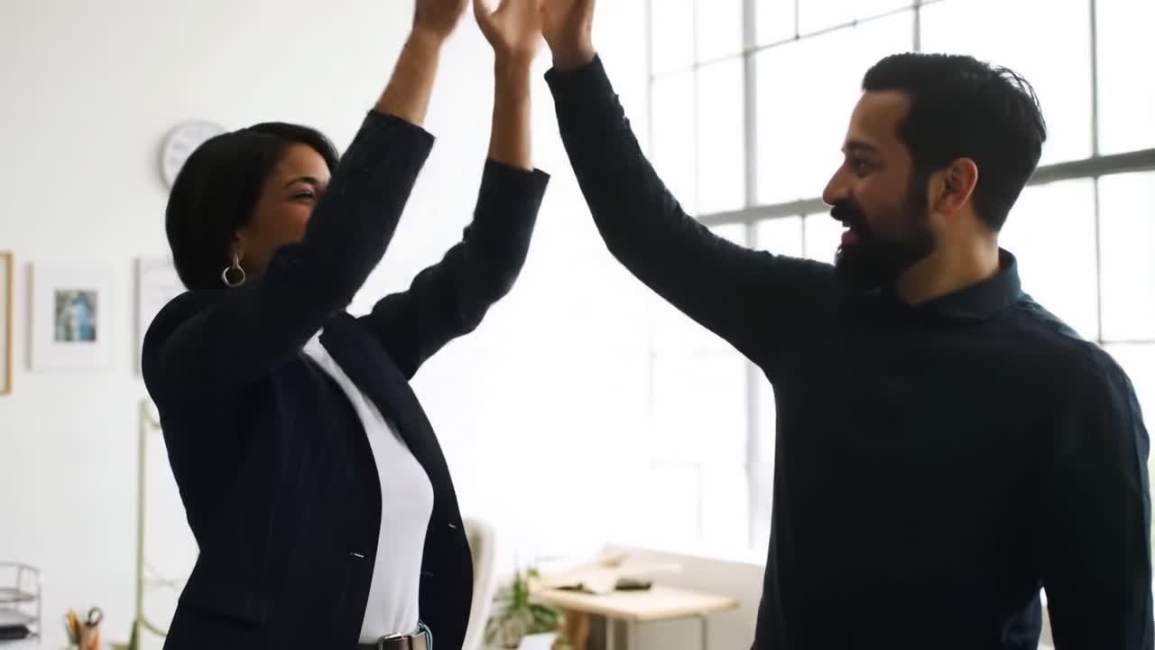 Two coworkers share a joyful moment in a modern office, high-fiving each other to celebrate their recent achievement while enjoying the bright atmosphere.