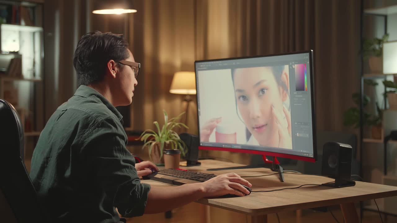 Asian Male Digital Editor Stretching While Works In Photo Editing Software On His Personal Computer With Big Display, He Works At Night
