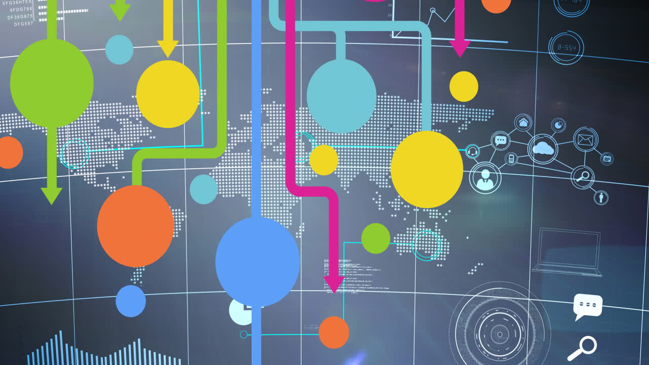 세계 지도를 배경으로 디지털 아이콘으로 연결하는 네트워크의 애니메이션