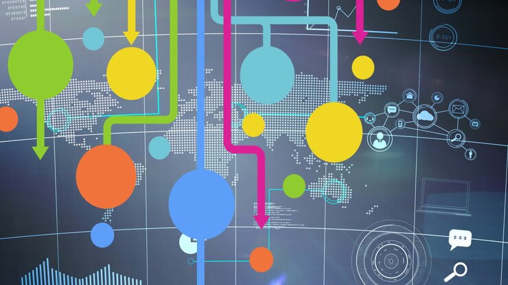Animation of network of connections with digital icons over world map in background