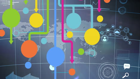 animación de la red de conexiones con iconos digitales sobre el mapa del mundo en el fondo