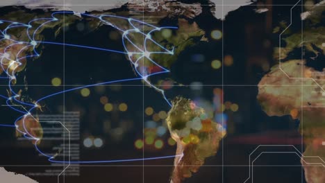 animation of data processing over network of travel connections on world map and blurred city lights