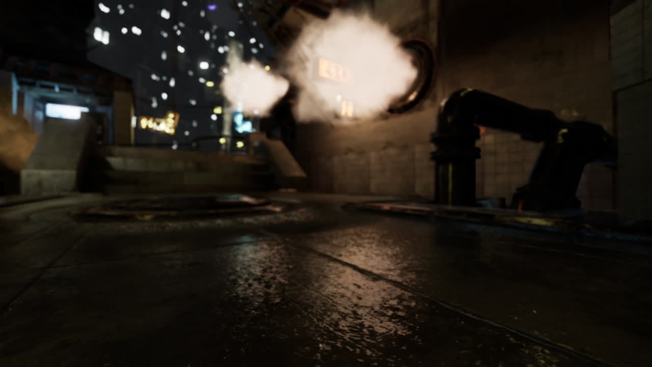 안개 가 있는 산업 도시 거리 도시 야간 풍경