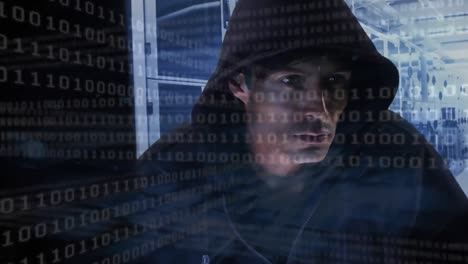 animación de un hombre encapuchado pirateando una computadora