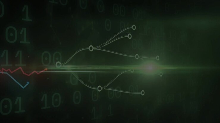 Red cyan wave reaching hub and causing branches lining up, flare moving right, showing data flow