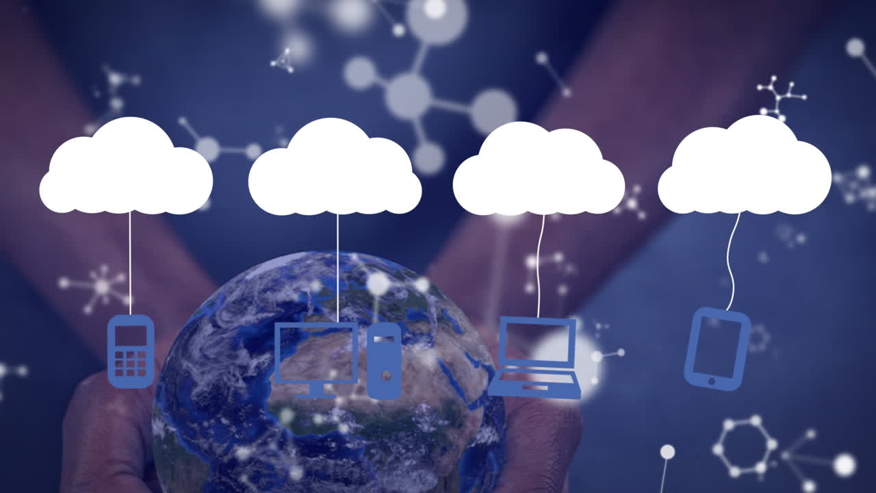 animación de nubes e iconos digitales sobre el globo girando en el fondo