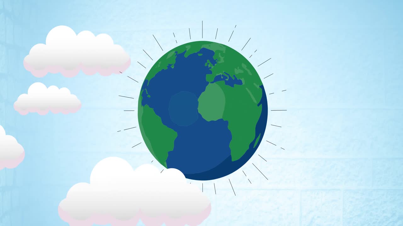 파란 하늘과 구름 위에 파란색과 초록색의 지구의 애니메이션