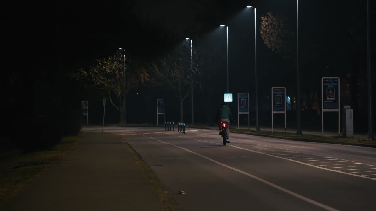 cyclist rides alone under dim streetlights near Jarun Lake, Zagreb, evoking solitude