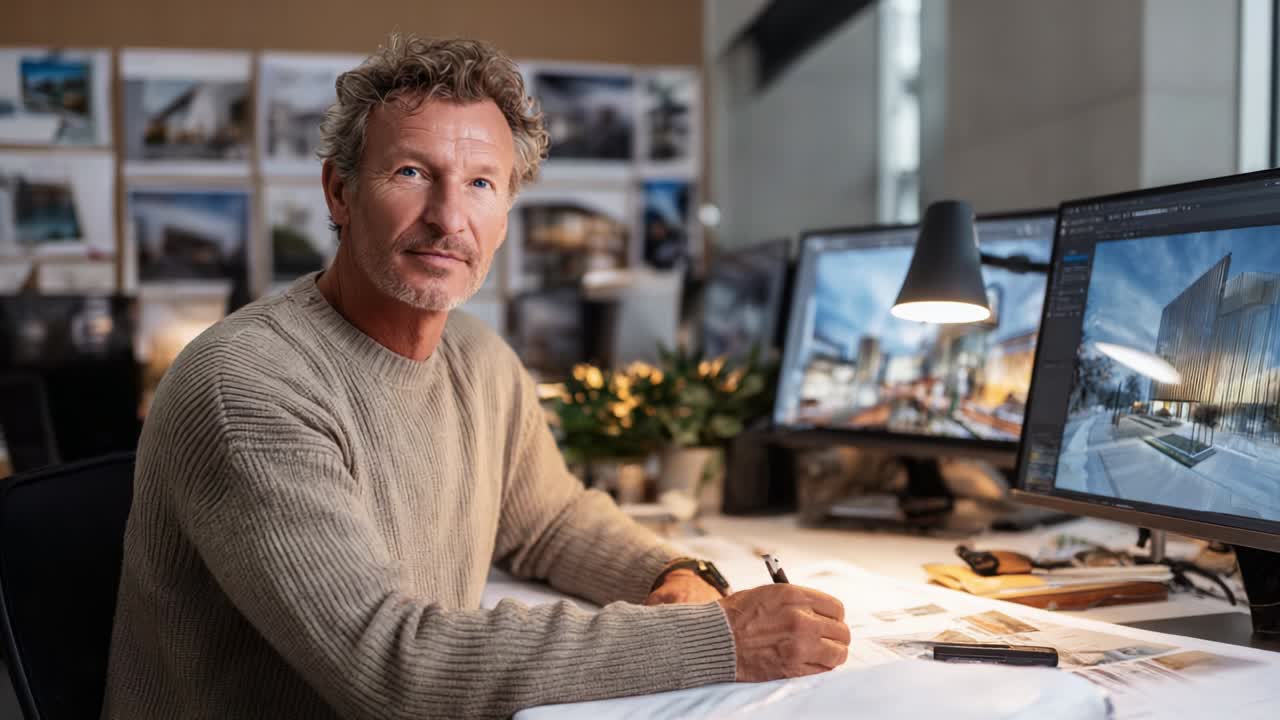 En fokusert arkitekt i arbeid: Fanger kreative ideer gjennom skissering og digital 3D-gjengivelse i et moderne kontormiljø, omgitt av designinspirasjon i bakgrunnen