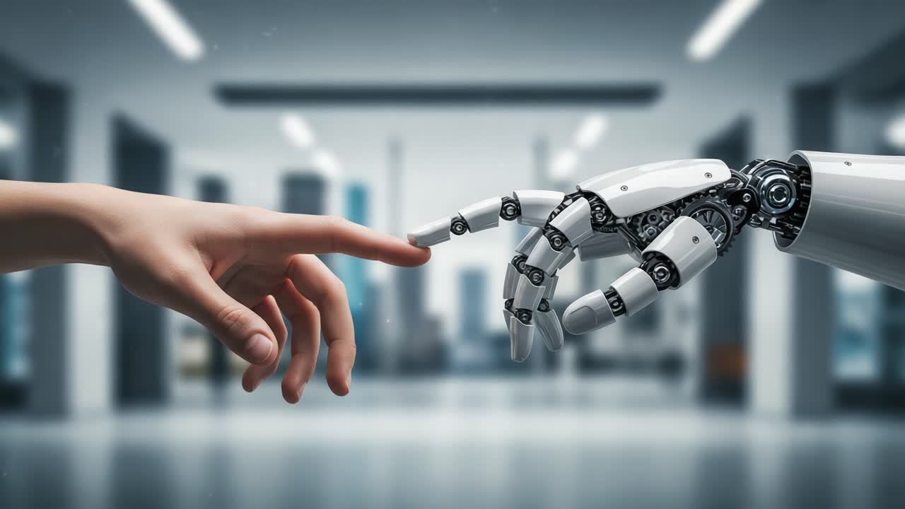 The Intersection of Humanity and Technology: A Touch Between a Human Hand and a Robotic Hand Symbolizing Connection and Innovation in a Modern Environment