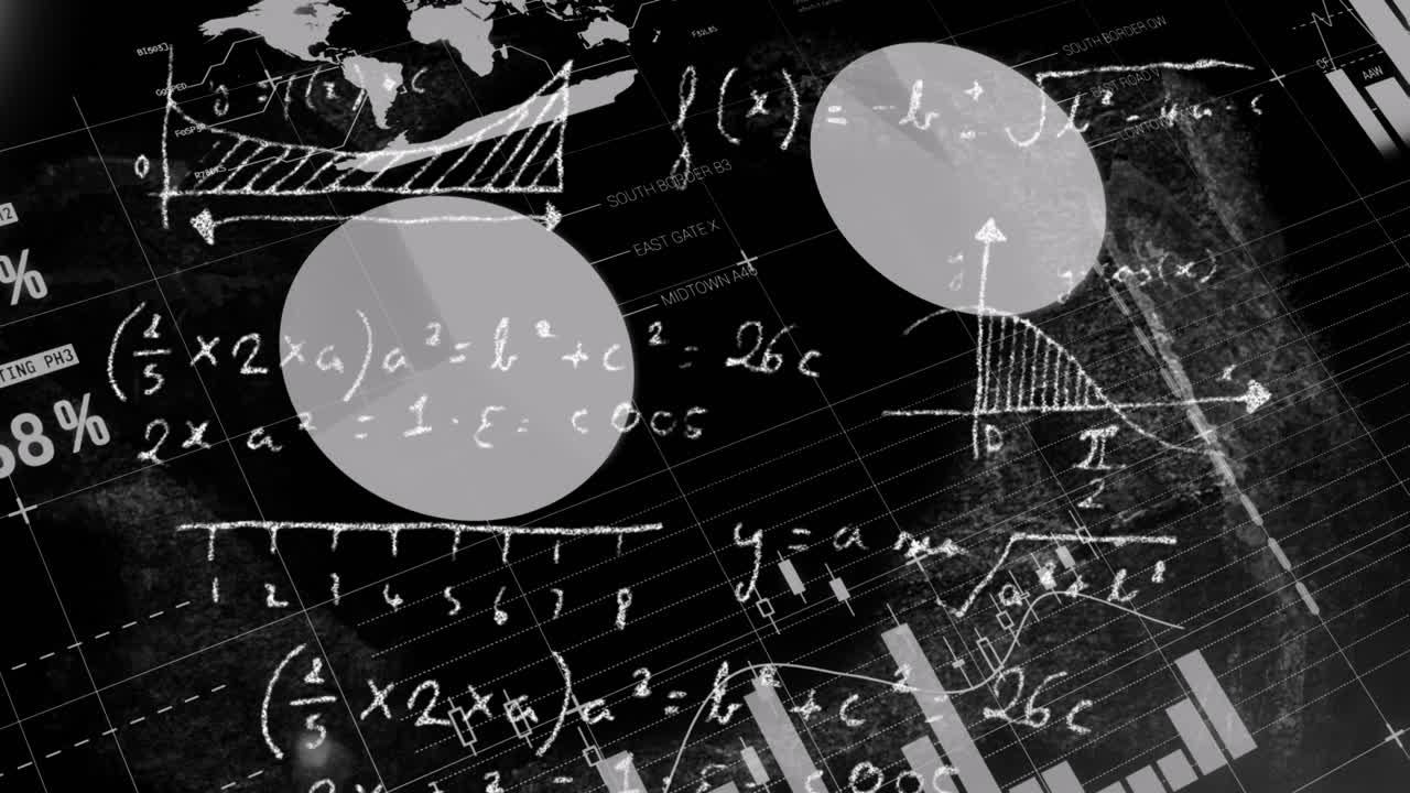 Animation of data processing with mathematical equations on black background
