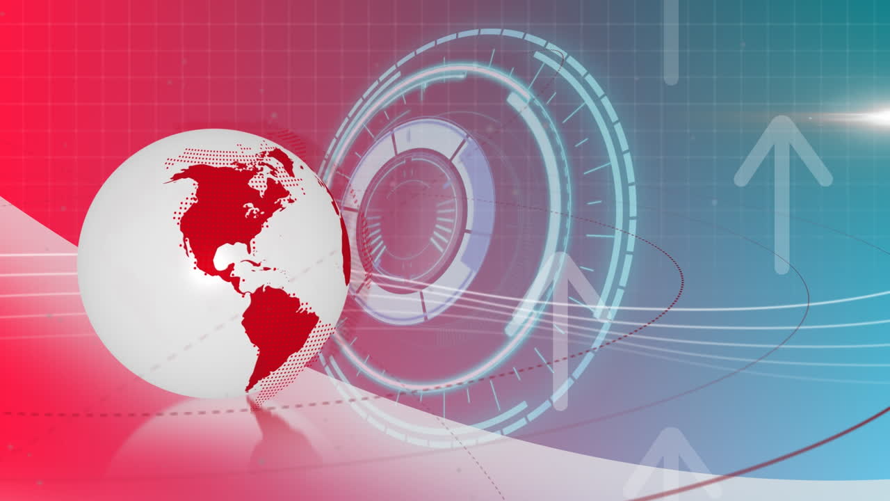 animación del globo, las flechas y el círculo de procesamiento sobre fondo rojo y azul