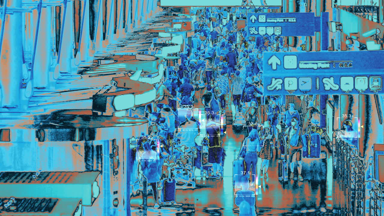 Thermal imaging simulation scanning body heat signature of arriving passengers for potential virus carrier at a busy airport terminal