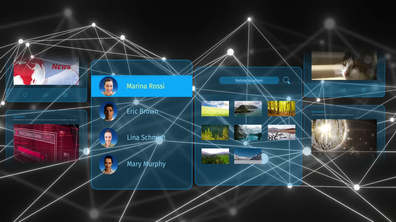 animación de la red de conexiones e iconos digitales sobre fondo negro