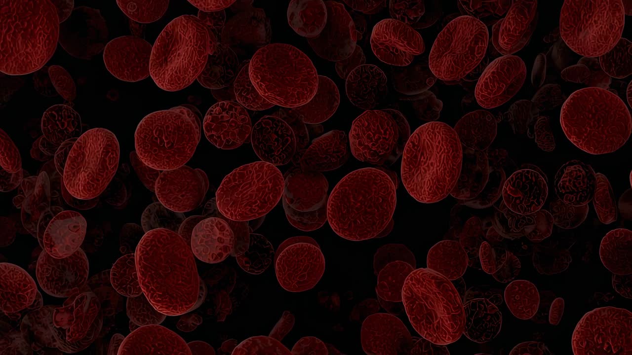 Drifting red blood cells rotating under fluid current in bloodstream void, showing concave detail