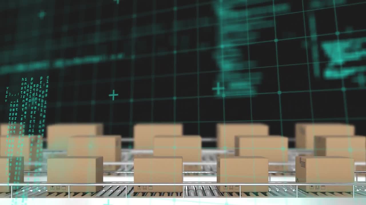 검은 바탕에 대한 컨베이어 벨트에 있는 여러 상자에 대한 데이터 처리 애니메이션