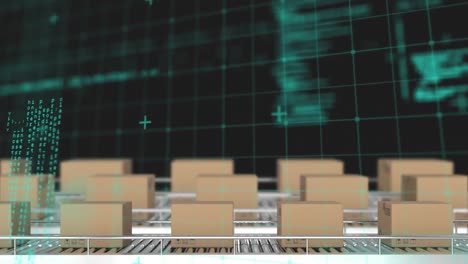 animation of data processing over multiple boxes on conveyer belt against black background