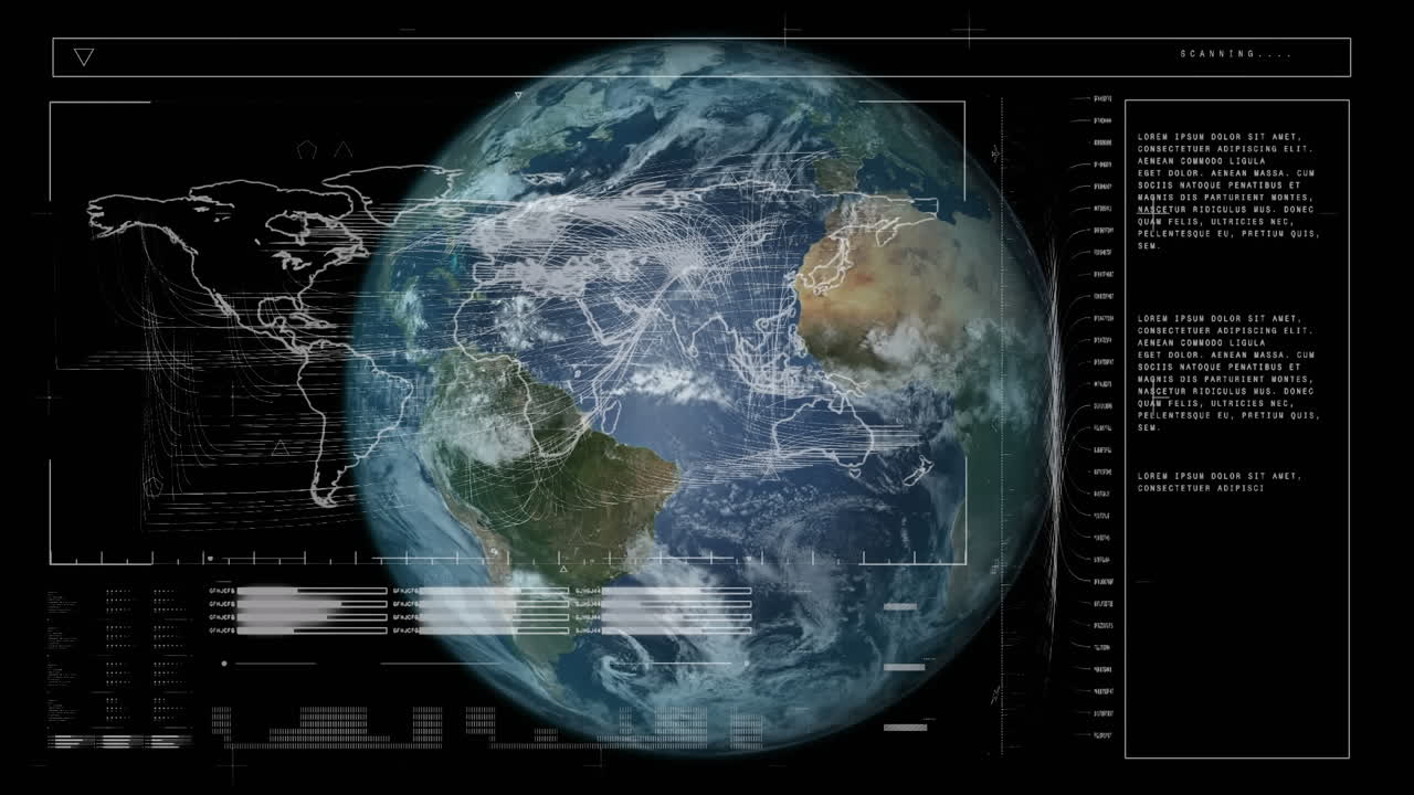 Digital interface with data processing against spot of light and globe rotating in space