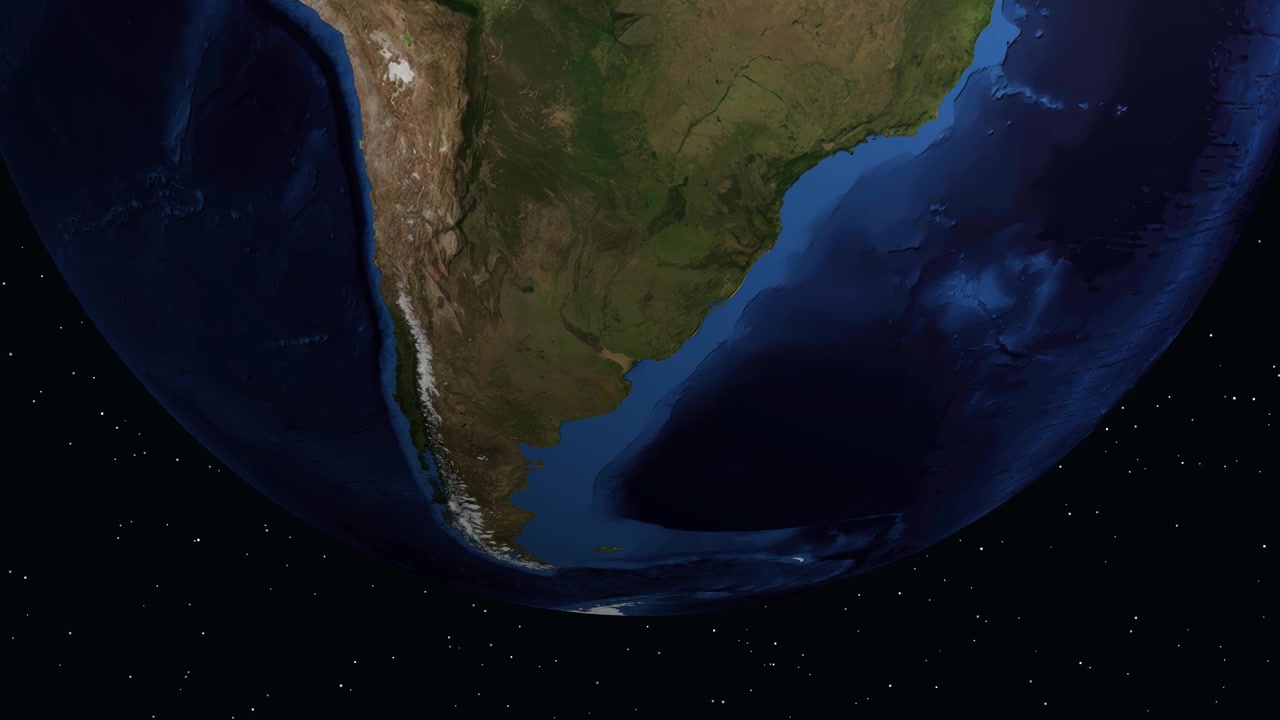 Digital animation zooms from space into Montevideo, Uruguay, displaying precise latitude and longitude coordinates
