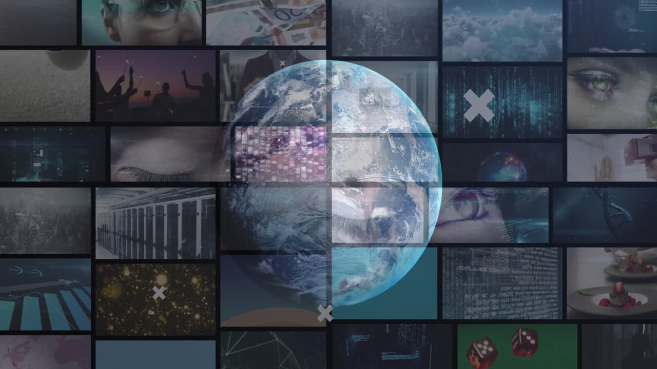 Animation of data processing and digital screens over globe
