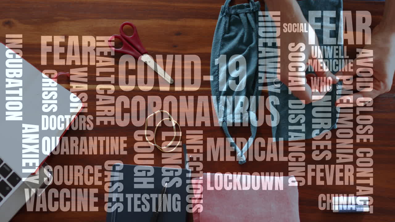 Testi concettuali Covid-19 contro donna che cuce mascherine