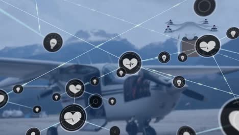 Animation-of-network-of-connections-with-icons-over-drone-with-box-and-plane