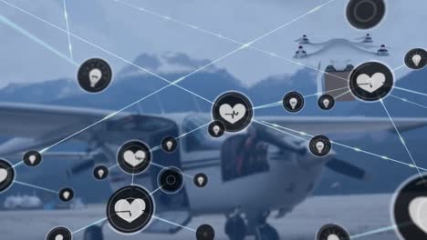 animación de la red de conexiones con iconos sobre el dron con caja y avión.