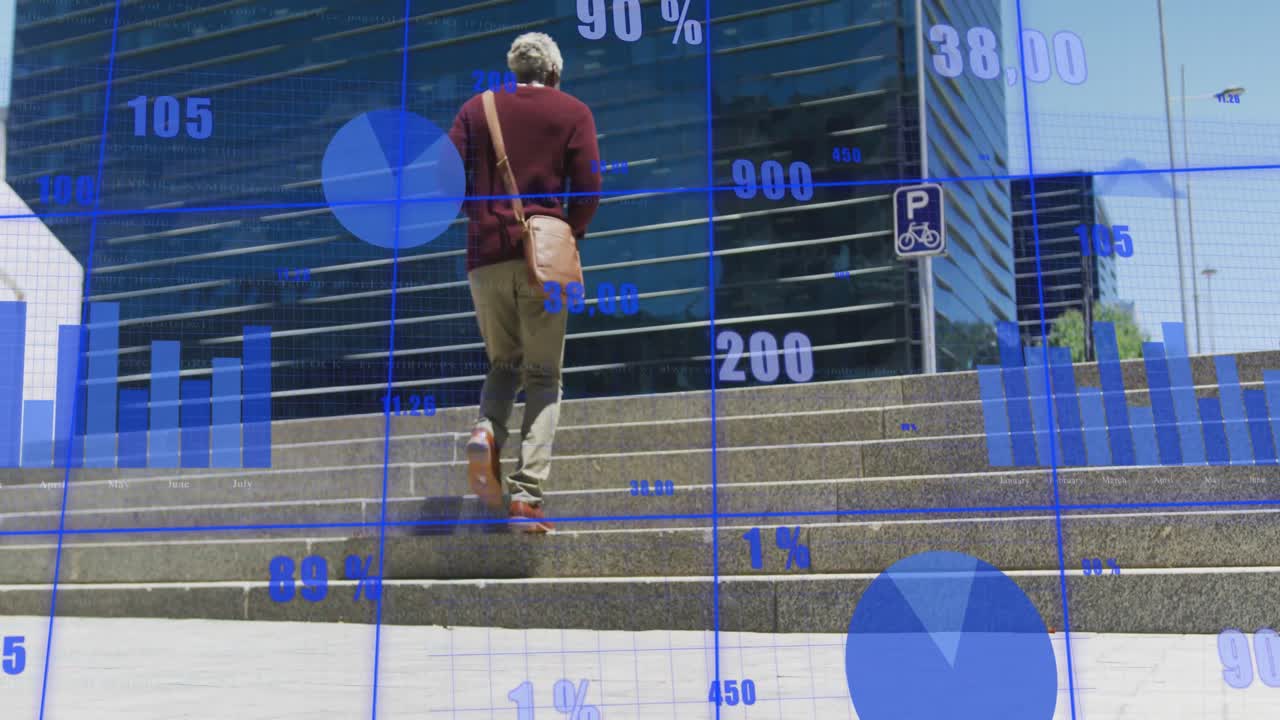 animación de procesamiento de datos financieros sobre empresario caucásico en la ciudad