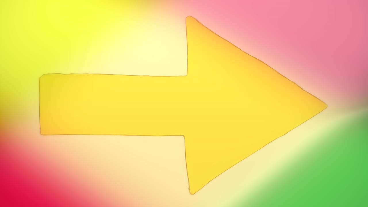 el dibujo de una gran flecha verde apuntando a la derecha, cada marco es rediseñado para dar el efecto de una animación hecha a mano retro fresco, sobre un telón de fondo colorido