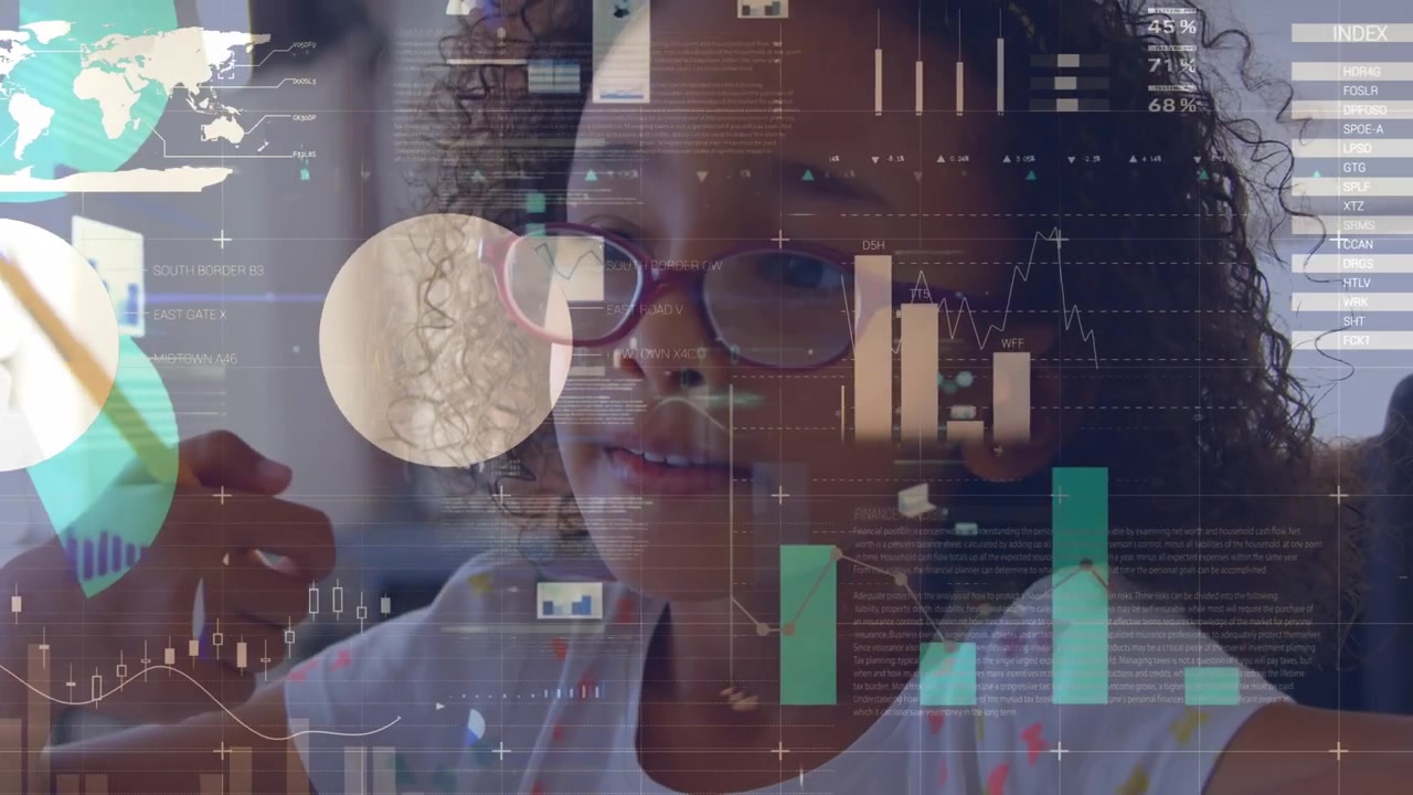 Animation of data processing over african american schoolgirl learning