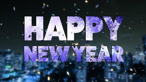 animation of happy new year text and confetti over cityscape on black background