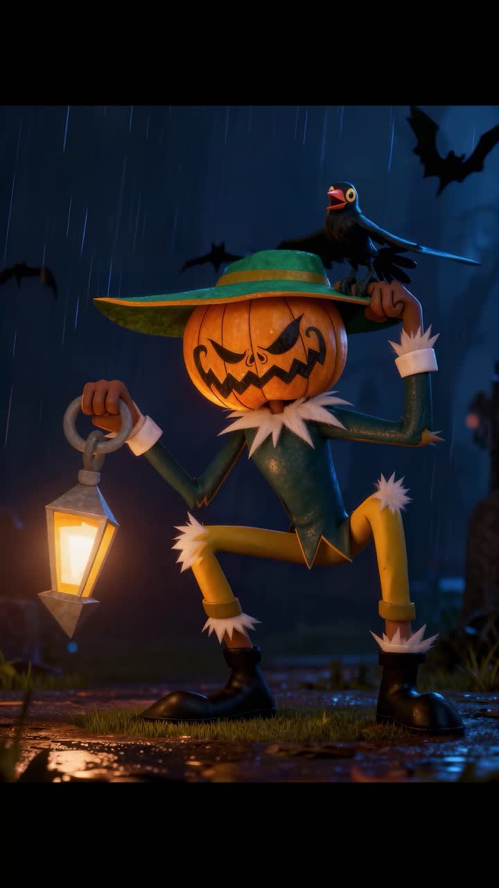 Halloween Scarecrow with Crow in a Graveyard